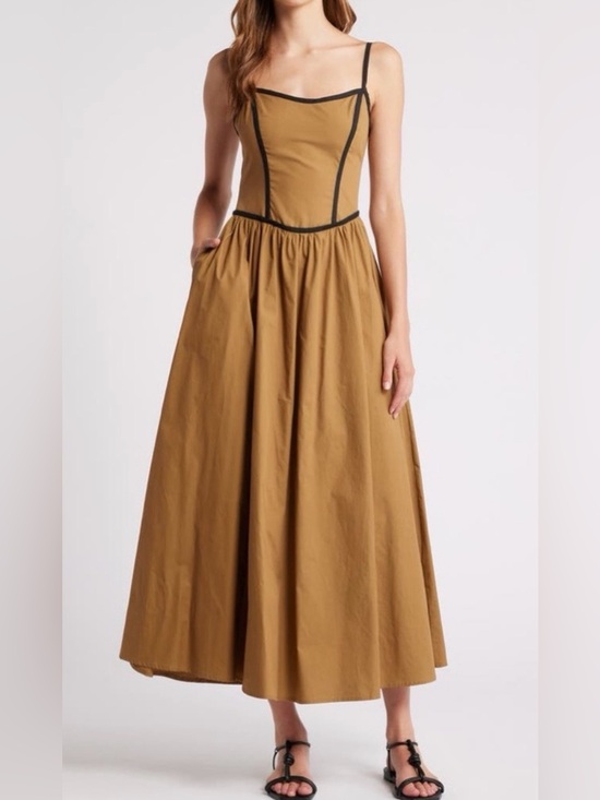 Moon River Dresses & Skirts - Anthropologie Moon River Corset Midi Dress Tan Black Trim Cotton Poplin XS